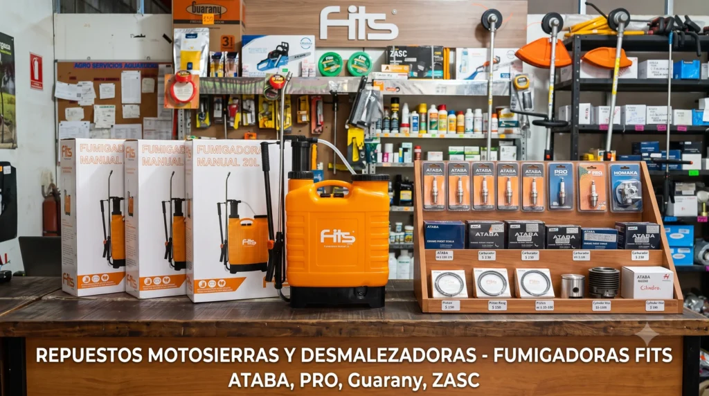 Fumigadoras, bombas de espalda y herramientas agrícolas marca Fuls en exhibición de Agroaguacates, Guatire.