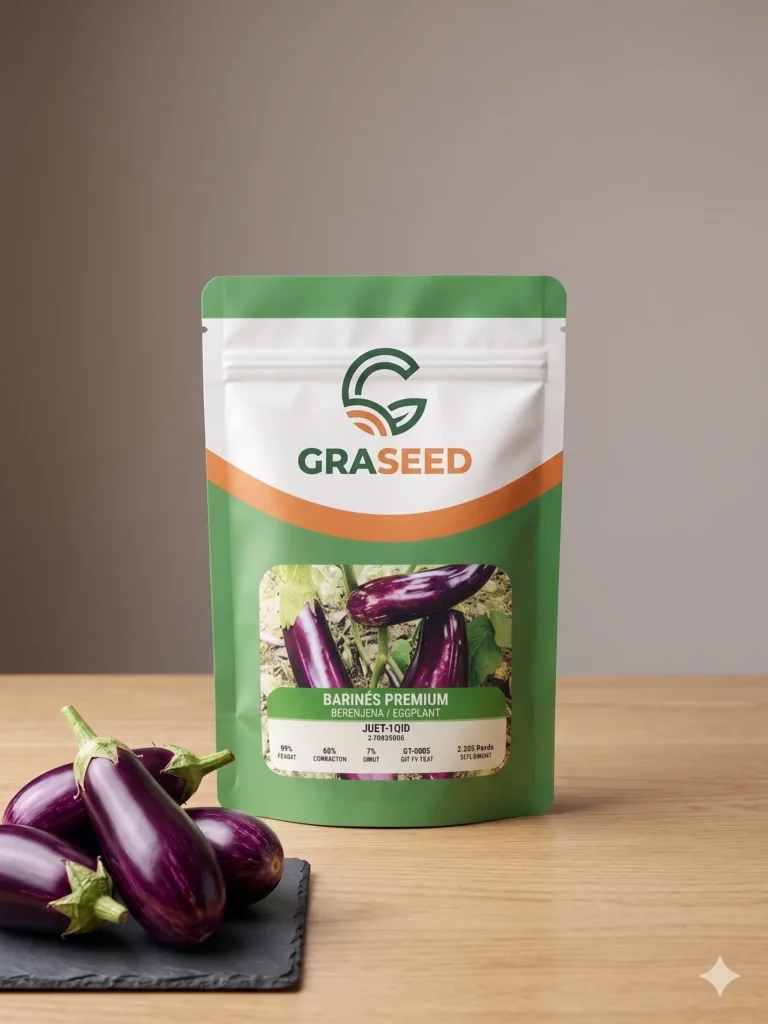 Empaque de semillas premium GRASEED de Berenjena (Eggplant) Barinés, con berenjenas frescas moradas en Agroaguacates, Guatire.