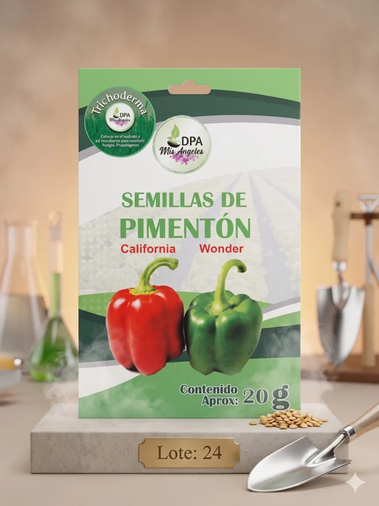 Paquete de 20g de semillas de Pimentón California Wonder DPA Mis Angeles en Agroaguacates, Guatire, con imagen de pimientos rojo y verde.